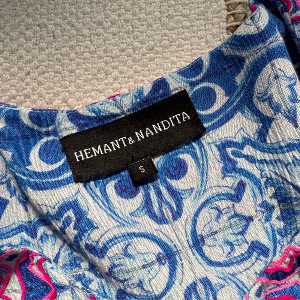 Hemant & Nandita Blue Pink Embroidered Beaded Tassel Tie Cape Top Women’s Small - Picture 9 of 11